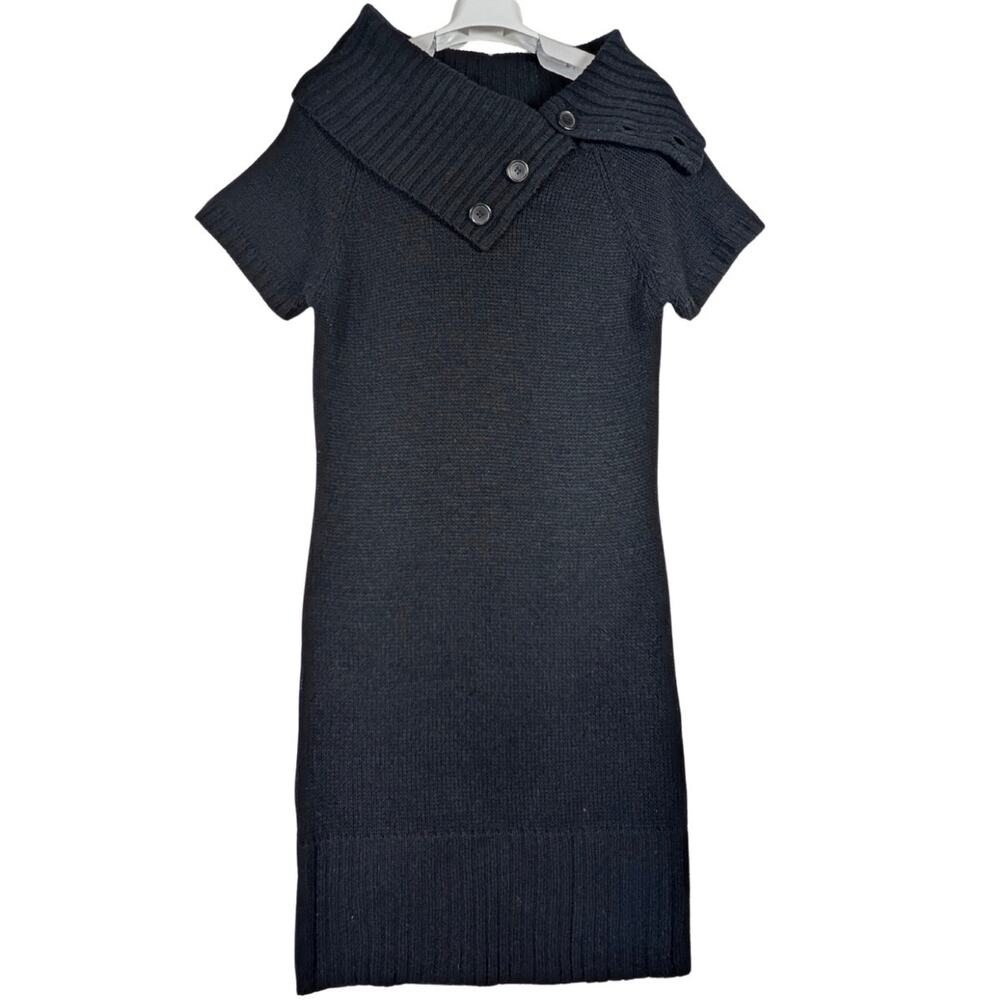 Ambiance Apparel Sweater Dress Black Ribbed Button Neck Women’s Size L USED